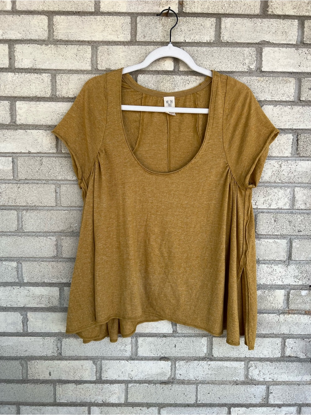We The Free Mustard Gold Ruched Scoop Neck Tee M Boho